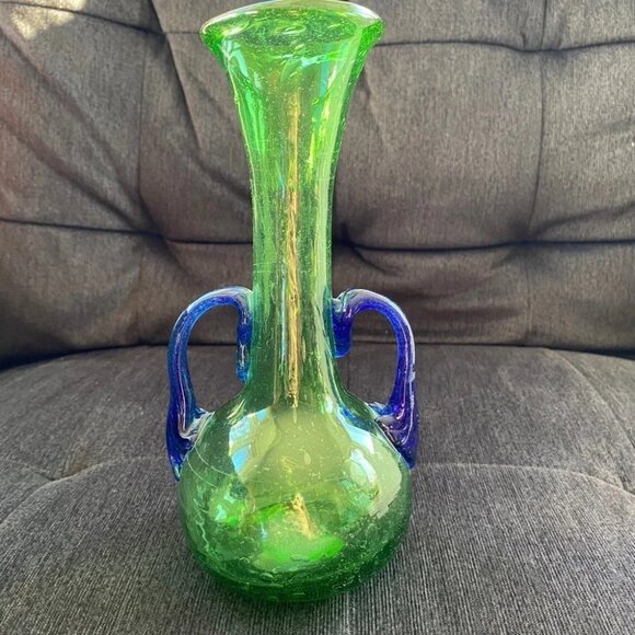 Handblown Artisan Glass Vase Blue and Green 7.25in - Picture 1 of 15